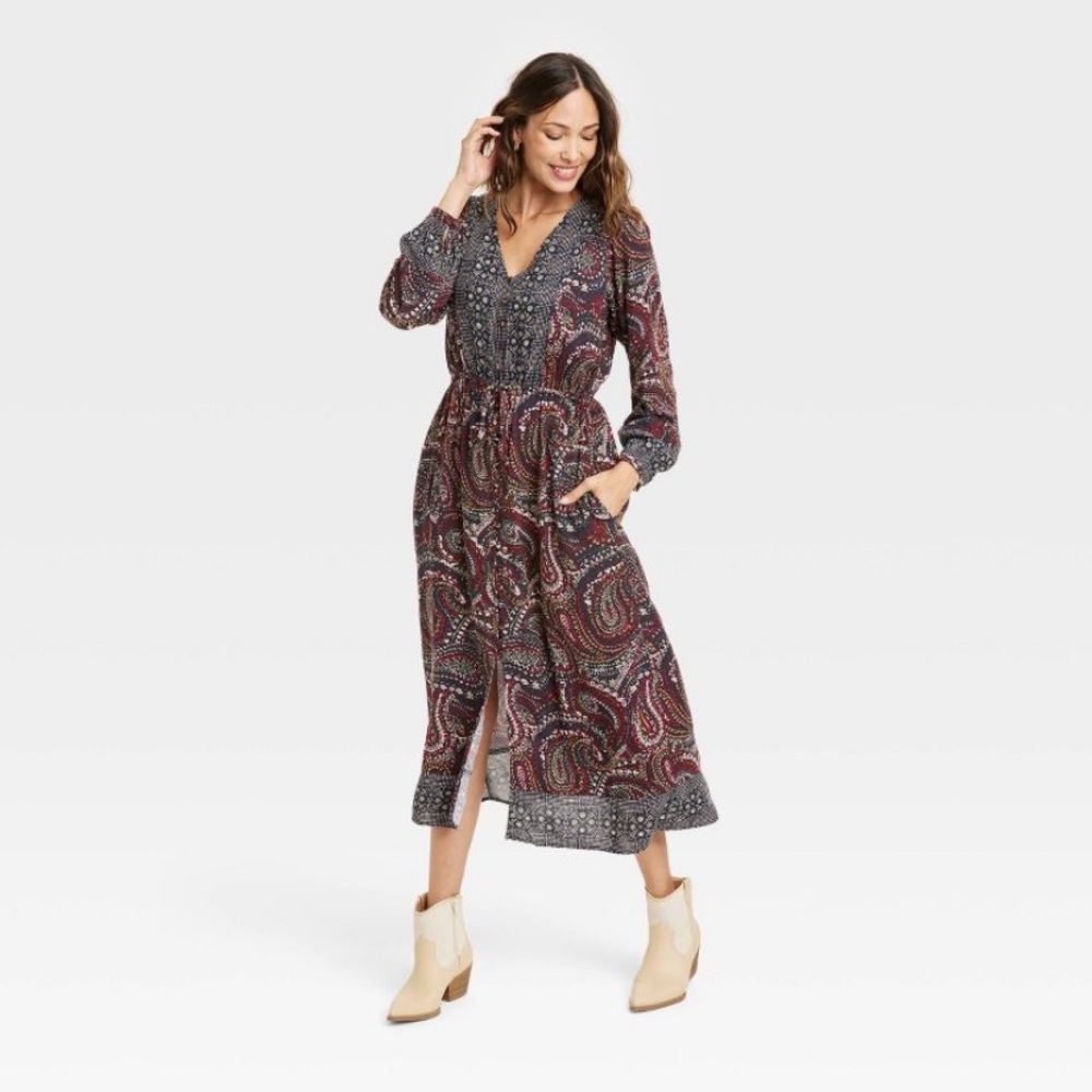 Knox Rose Long Sleeve Paisley Maxi Dress in Burgundy and Navy